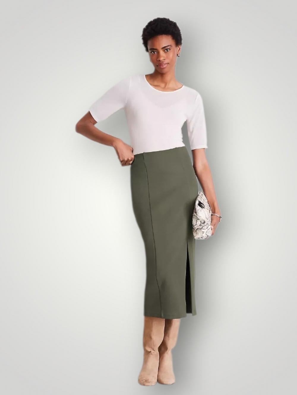 LOFT Versa 8 Olive‎ Ponte Midi Skirt Office Siren Quiet Luxury Column Pull New